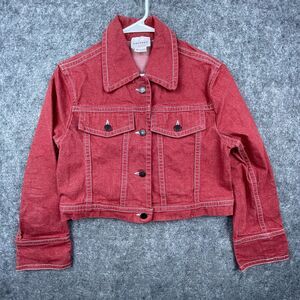Colovos Denim Jacket Womens Small Red Jean Cropped Boxy Rent the Runway Trucker